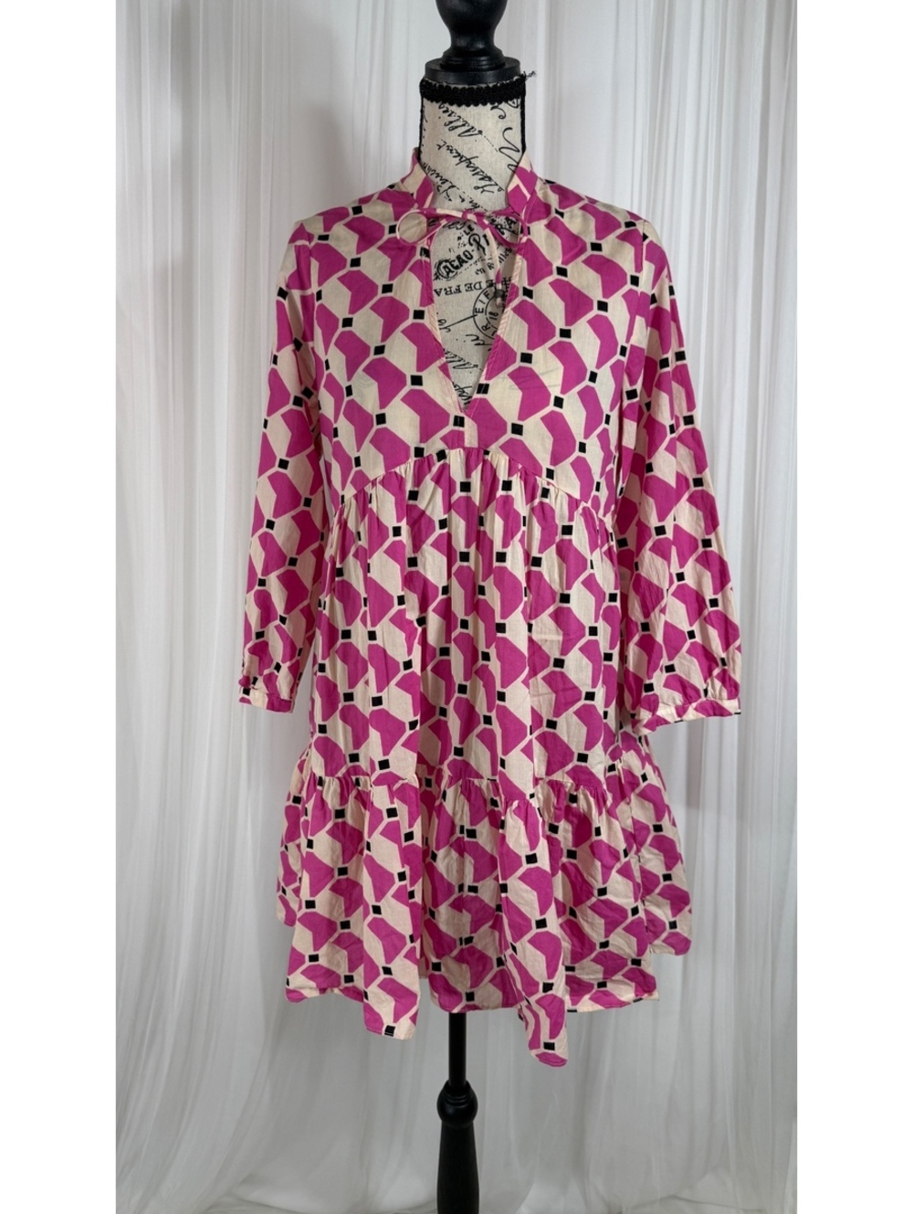 Zara Pink Geometric Print Tiered Dress Size XS